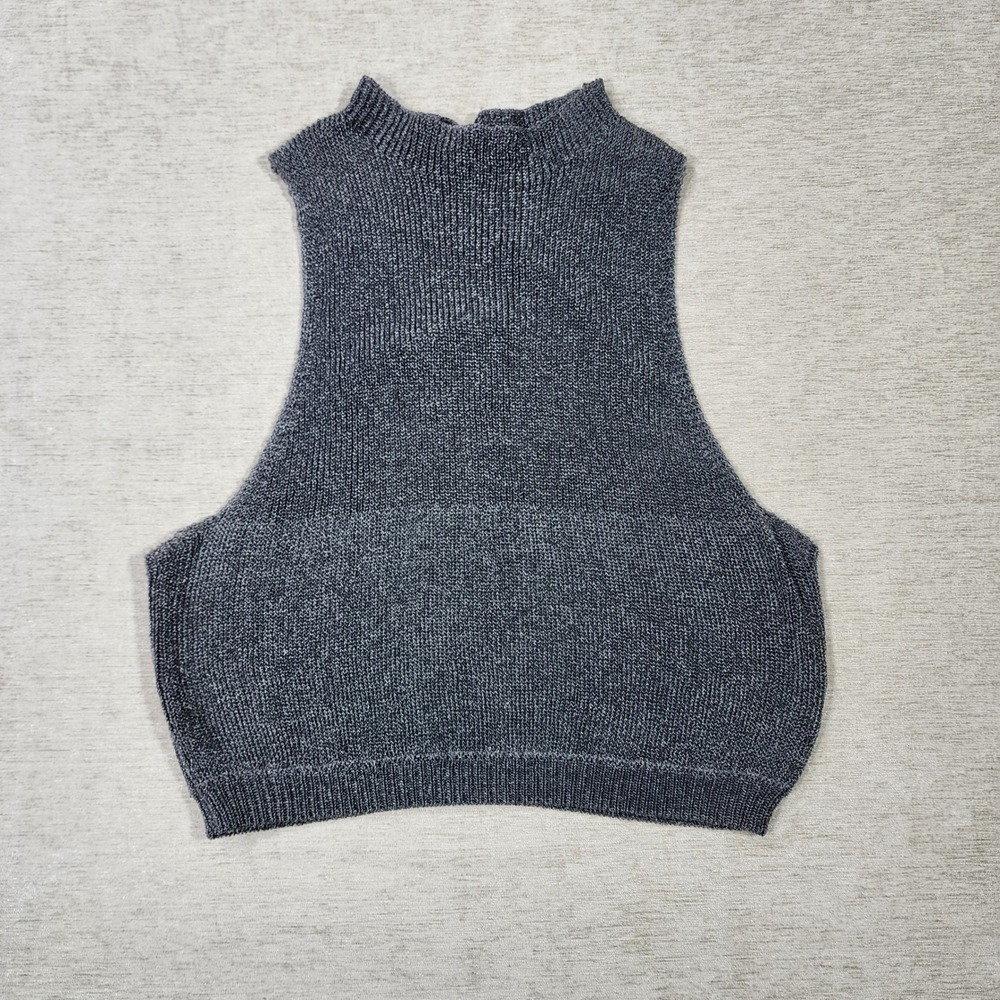 Sleeveless Knit Top Mock Neck Tank Metallic Shine Glitter Dark Gray Small